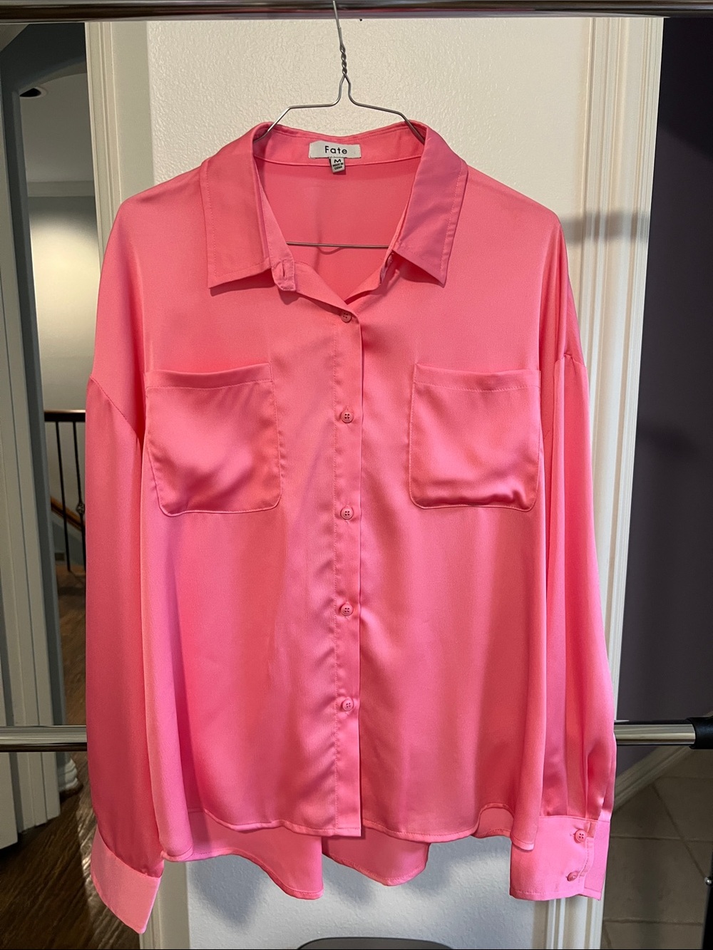 Fate Pink Satin Button-Down Blouse
